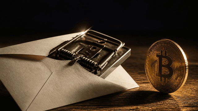 Aufgeschlitzter Briefumschlag auf dunklem Holz, aus dem eine gespannte Stahl-Schnappfalle ragt, daneben eine Goldmuenze mit Bitcoin-Zeichen