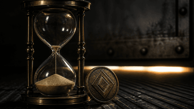 Fast durchgelaufene Messing-Sanduhr neben einer Metallmünze mit eingeprägtem Rautensymbol, dahinter eine sich senkende Stahlklappe