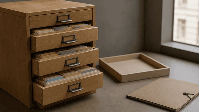 Holzschrank mit vier halb geoeffneten Karteischubladen voller farbiger Trennreiter, daneben eine leere Ablageschale und ein geschlossener Aktendeckel
