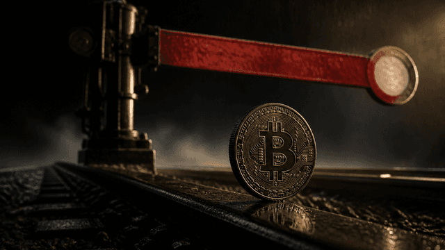 Eiserner Eisenbahn-Signalarm faellt in die Haltstellung ueber einem leeren nassen Gleis, davor steht eine Muenze mit Bitcoin-Zeichen hochkant auf der Schiene
