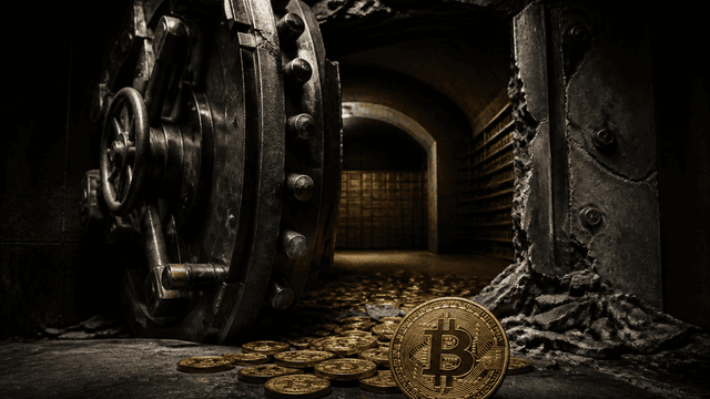Aus den Angeln gerissene Stahl-Tresortür in einem dunklen Gewölbe, über deren Schwelle schwere Münzen mit eingeprägtem Bitcoin-Zeichen ins Dunkel rutschen