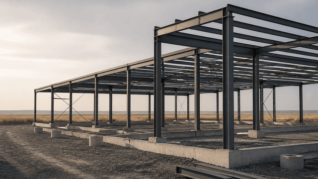 Unverkleidetes Stahlskelett einer weitlaeufigen Industriehalle auf Betonfundamenten in flacher Praerielandschaft bei tiefstehender Sonne