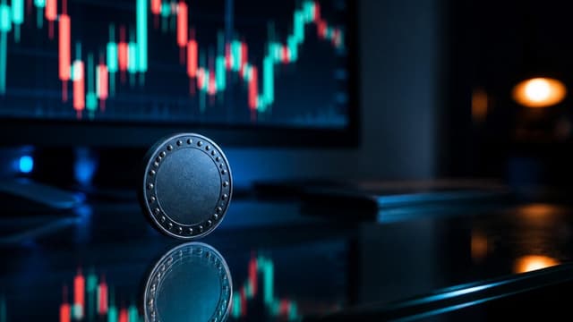 Metallscheibe mit Punktkranz auf einem Schreibtisch vor Bildschirmen mit seitwaerts laufenden Kerzencharts