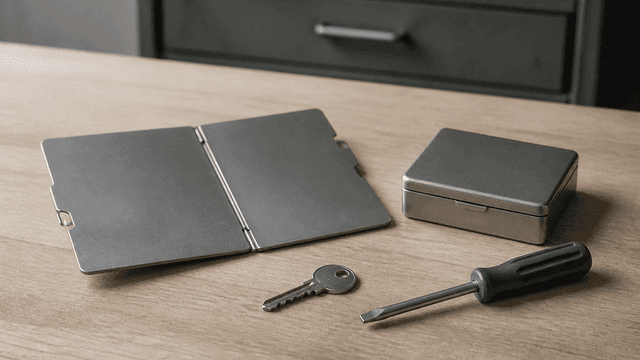 Aufgeklappte unbeschriftete Edelstahlplatte neben einer geschlossenen Stahlkassette auf einer Holzwerkbank, daneben ein Schluessel und ein Schraubendreher