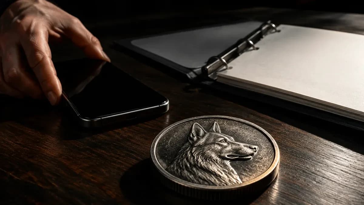 Hand legt ein Smartphone mit schwarzem Display neben einen leeren Papierordner, davor eine Metallmünze mit Hundekopf-Relief