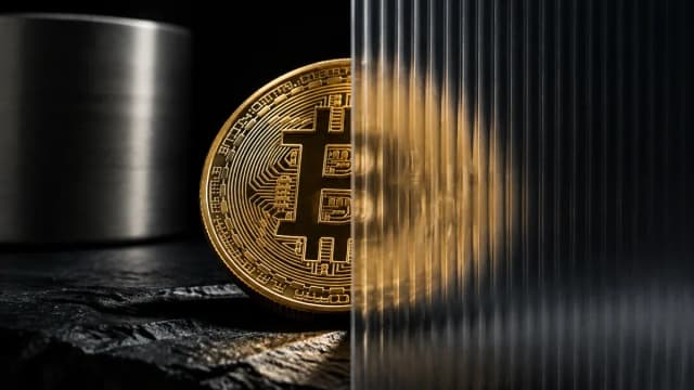 Goldmuenze mit Bitcoin-Zeichen unter einer geriffelten Milchglasscheibe, halb scharf und halb in Streifen aufgeloest