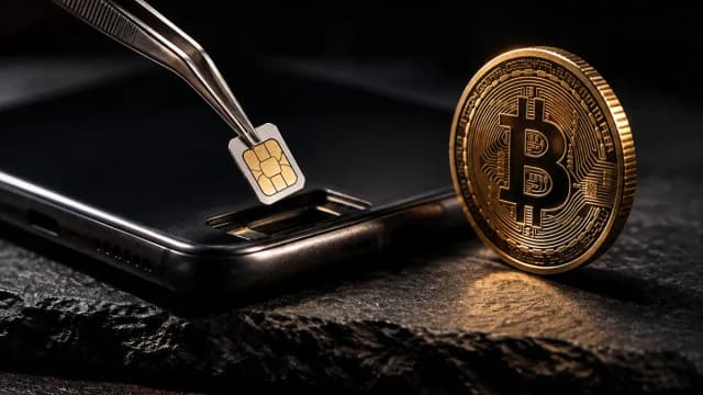 Eine Pinzette hebt eine Mobilfunk-Chipkarte aus dem Kartenschacht eines Smartphones, daneben steht eine Münze mit eingeprägtem Bitcoin-Symbol