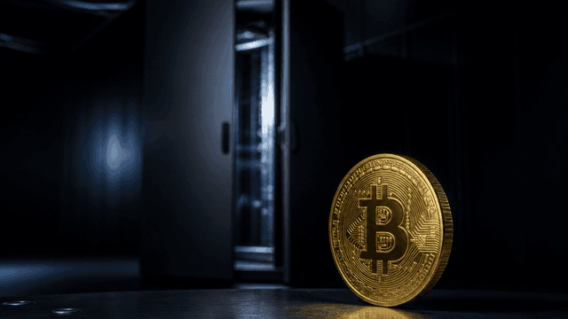 Goldene Muenze mit eingepraegtem Bitcoin-Zeichen steht hochkant vor einem halb geoeffneten Server-Schrank in einem dunklen Rechenzentrum