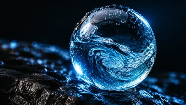 Glaskugel mit wirbelndem Wasser auf nassem schwarzem Stein