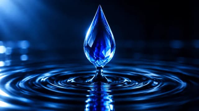Blau leuchtender Tropfen steigt über einer dunklen Wasseroberfläche auf