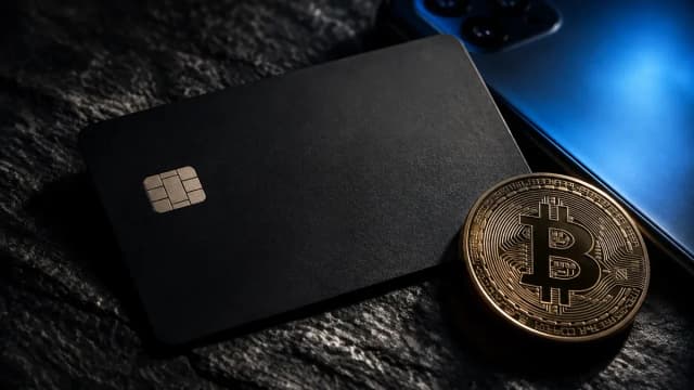 Mattschwarze Karte im Kreditkartenformat auf dunklem Schiefer neben einem leuchtenden Smartphone und einer Münze mit Bitcoin-Zeichen