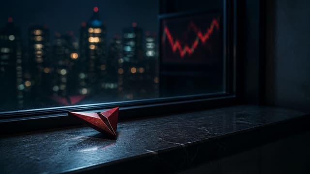 Rotes kantiges Metallobjekt auf einem Schreibtisch vor Bildschirmen mit Kerzencharts