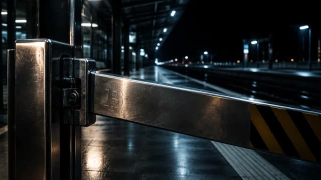 Geschlossene Stahlsperre an einem leeren, nachts beleuchteten Bahnsteigzugang