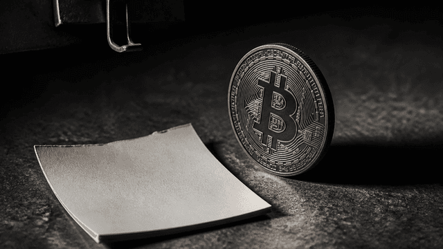 Leeres abgerissenes Kalenderblatt und der leere Haken eines Abreisskalenders neben einer hochkant stehenden Muenze mit Bitcoin-Zeichen