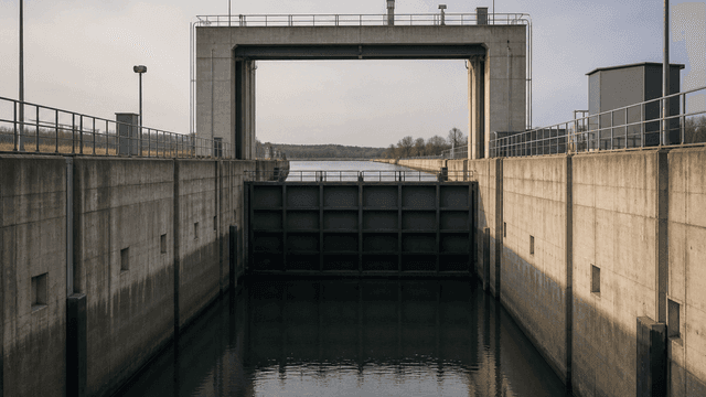 Leere Betonschleuse mit geschlossenem unterem Stahltor und offenem oberem Tor