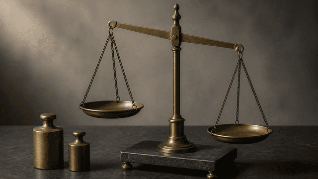 Mechanische Balkenwaage aus Messing mit zwei leeren Waagschalen, leicht schief haengend, daneben zwei zylindrische Metallgewichte auf einer dunklen Steinplatte