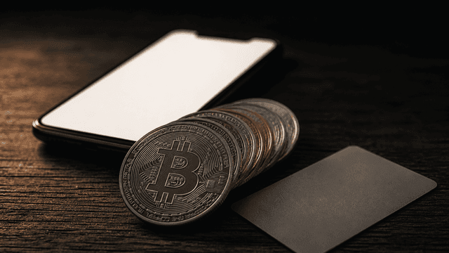 Stapel physischer Metallmünzen mit eingeprägtem Bitcoin-Zeichen neben einem Smartphone mit leerem Bildschirm und einer neutralen Bankkarte auf dunklem Holztisch