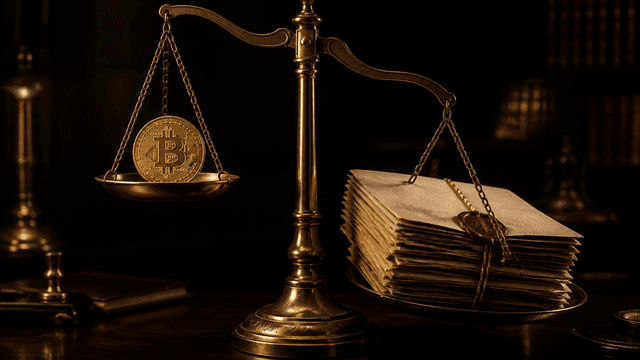 Antike Messingwaage auf dunklem Schreibtisch: links eine Goldmuenze mit Bitcoin-Zeichen, rechts ein schwerer Stapel versiegelter Aktenmappen, der die Waage nach unten zieht