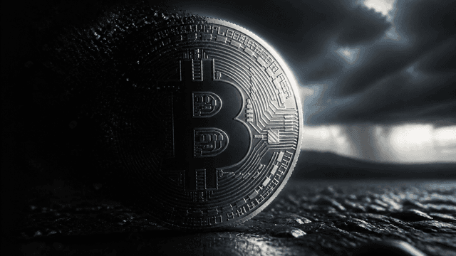 Silbermünze mit eingeprägtem Bitcoin-Zeichen, rechts von hartem Seitenlicht erfasst, links vollständig in Schatten aufgelöst, dahinter eine aufziehende Gewitterfront