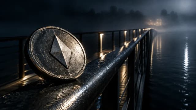 Schmale Stahlbrücke bei Nacht über dunklem Wasser, im Vordergrund auf dem Geländer eine Metallmünze mit eingeprägtem rautenförmigem Symbol