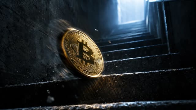 Gold Bitcoin coin tumbling down a dark stairwell