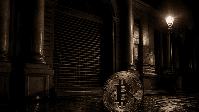 Heruntergelassenes Stahl-Rollgitter vor einem dunklen Gebäudeeingang bei Nacht, davor eine angestrahlte Münze mit Bitcoin-Zeichen auf nassem Pflaster