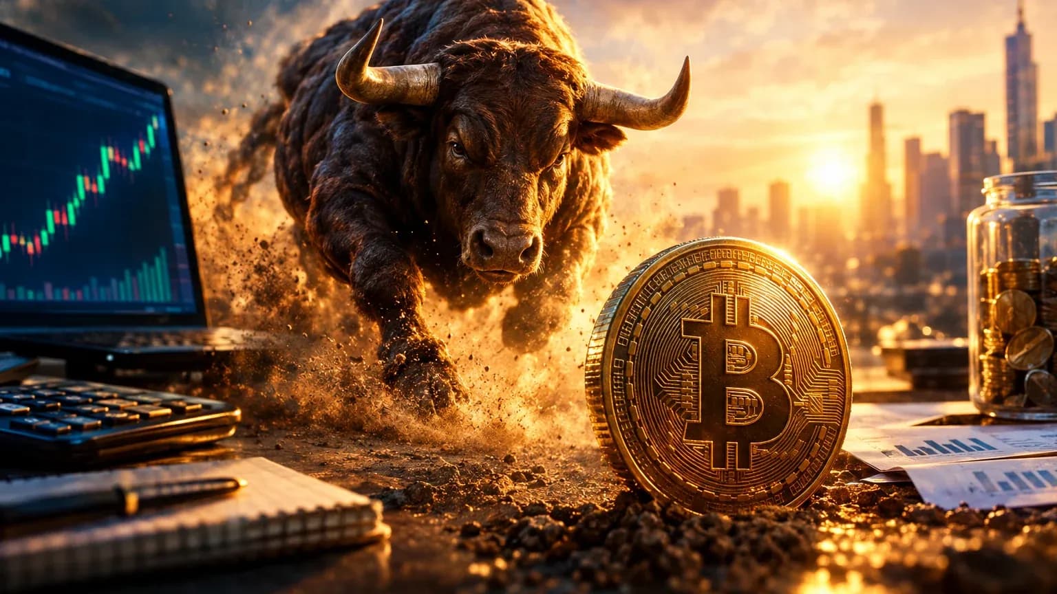 Charging bull in golden dust behind a large gold Bitcoin coin