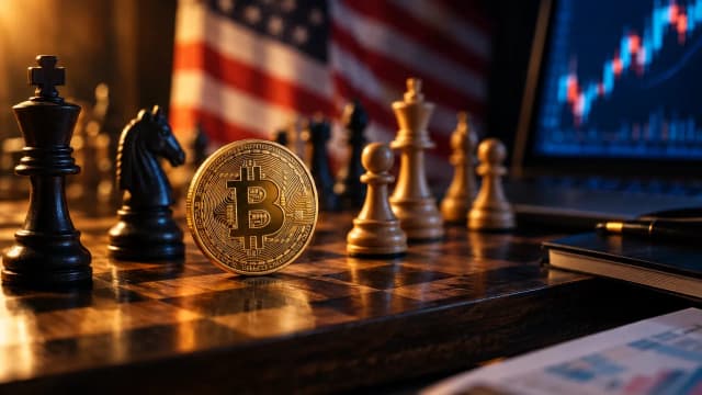Gold Bitcoin coin on a chessboard with a US flag blurred behind