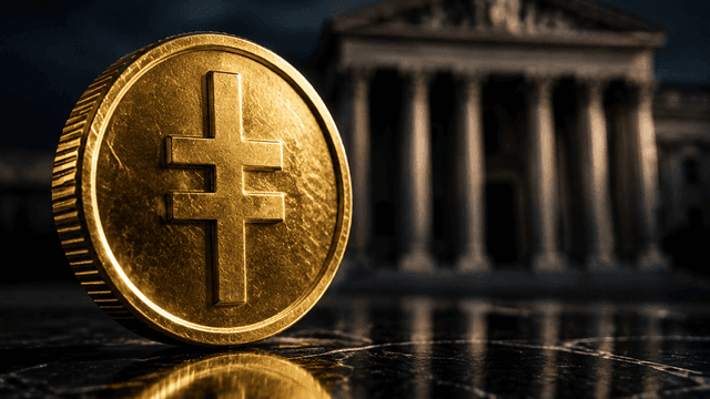 Goldene Muenze mit eingepraegtem Waehrungszeichen im Makro, dahinter unscharf das Saeulenportal eines Notenbankgebaeudes