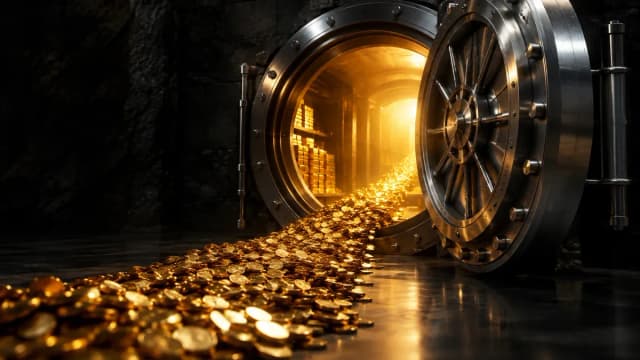 Offenes Stahl-Tresortor, durch das ein Strom goldener Münzen zurück in den Tresor fließt