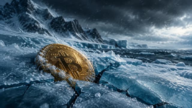 A gold Bitcoin coin half-sunk in cracked sea ice on a stormy Arctic coast