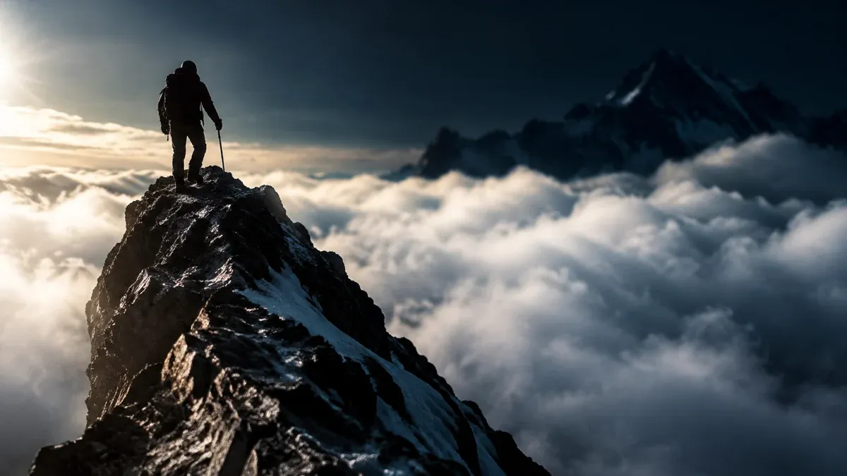 Silhouette eines Bergsteigers auf einem schmalen Felsgrat oberhalb einer geschlossenen Wolkendecke