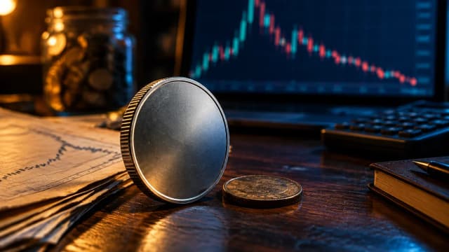 A large silver coin next to a smaller old coin on a desk in front of a chart with a steep peak and long decline