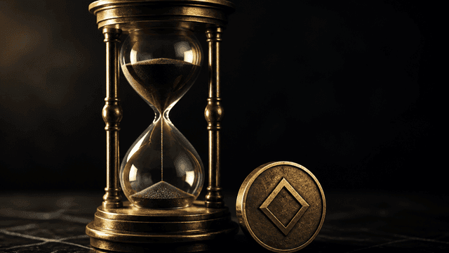 Fast durchgelaufene Sanduhr aus Messing und Glas neben einer aufrecht stehenden Metallmuenze mit eingepraegtem Rautensymbol auf dunklem Stein
