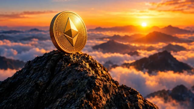 Gold Ethereum coin on a mountain summit at dawn