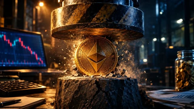 Hydraulic press bearing down on a gold Ethereum coin on a cracked pedestal