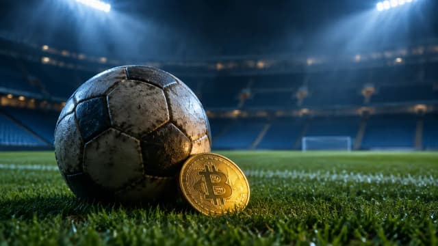 A worn football and a gold Bitcoin coin on the grass of an empty floodlit stadium at night