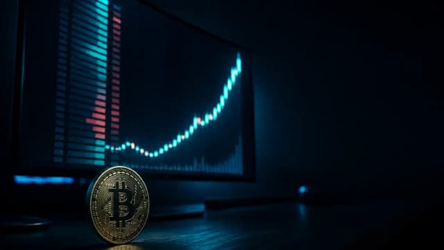 Night trading desk with a steep rising price curve on screen and a physical crypto coin standing upright, symbolizing the Hyperliquid surge