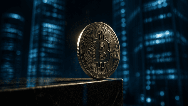 Heavy metal coin with an embossed Bitcoin symbol balancing upright on the edge of a polished dark granite slab, the lit glass facade of a banking district blurred behind it