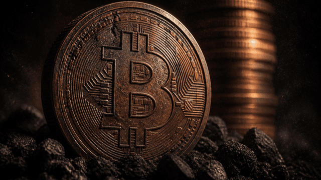 Large heavy metal coin with a deeply embossed Bitcoin symbol standing upright in dark volcanic gravel, a blurred stack of coins rising behind it in hard side light
