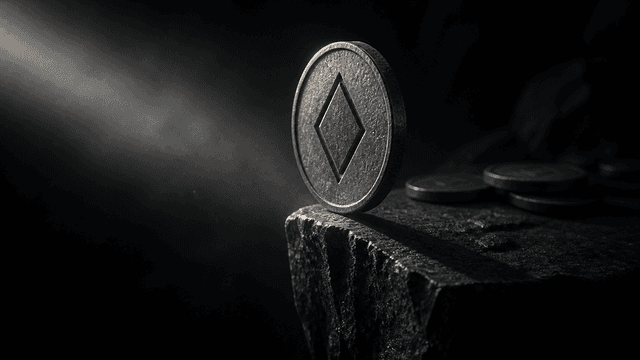 A heavy metal coin with a deeply embossed diamond-shaped symbol balancing upright on the sharp edge of a dark stone block, lit by a narrow beam of side light, further coins blurred in the darkness behind it