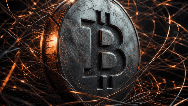 Aufrecht stehende Metallmuenze mit eingepraegtem Bitcoin-Zeichen in einem dichten Geflecht glimmender Metallfaeden vor dunklem Grund