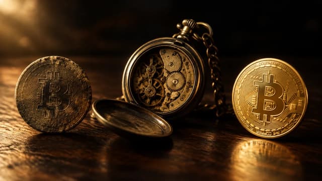 Zwei goldene Bitcoin-Münzen, eine alt und angelaufen, eine neu, dazwischen eine geöffnete Taschenuhr