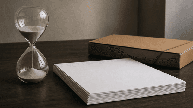 Gläserne Sanduhr neben einem Stapel unbeschriebener Papierbögen und einer Kartonmappe auf dunkler Holztischplatte