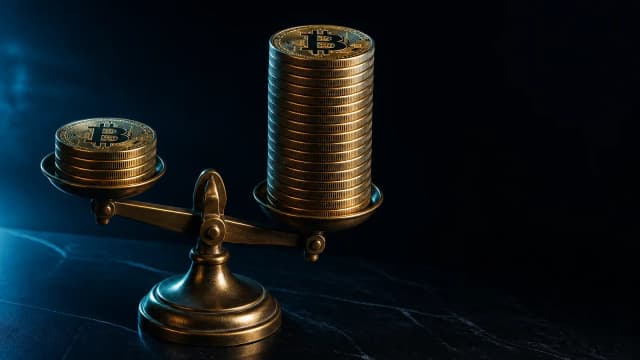 Waage mit zwei unterschiedlich hohen Stapeln aus Bitcoin-Münzen, der rechte fast doppelt so hoch: Sinnbild für die zwei Steuermodelle zur Krypto-Haltefrist