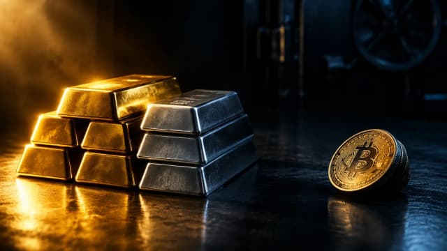 Gold- und Silberbarren im warmen Licht, daneben liegt eine goldene Bitcoin-Münze im Schatten