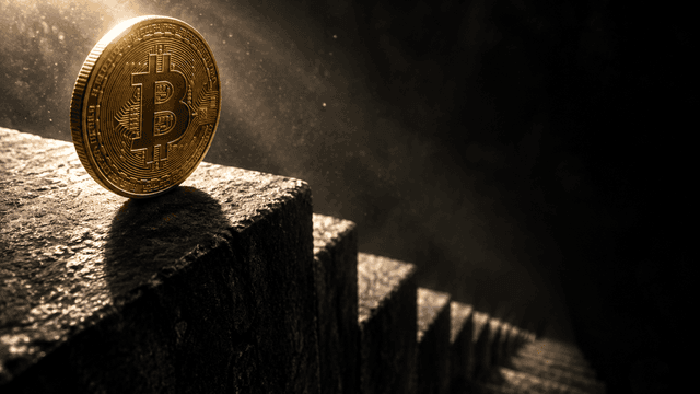 Goldene Münze mit eingeprägtem Bitcoin-Zeichen auf der obersten Stufe einer steilen, dunklen Steintreppe