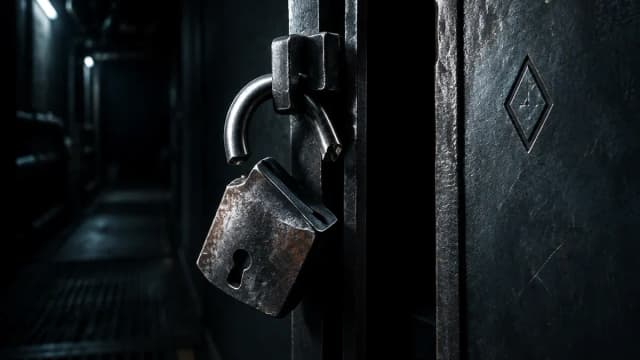 Aufgebrochenes Vorhangschloss an einer Stahltür in einem dunklen Technikgang, der Bügel ist durchtrennt, die Tür steht einen Spalt offen