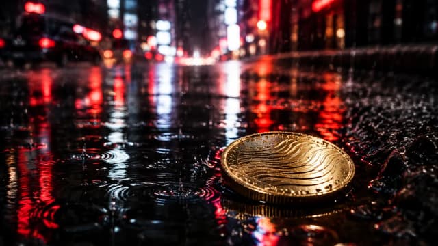 Eine Goldmünze liegt nachts in einer Regenpfütze auf einer Großstadtstraße mit roten Lichtreflexen