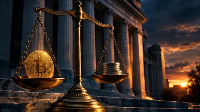 A brass balance scale on the steps of a central bank building with a gold Bitcoin coin on one pan